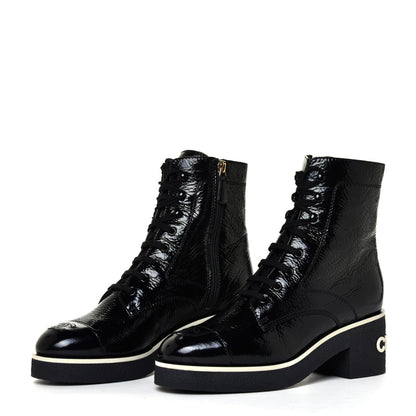 Chanel Shiny Crumpled Lambskin Lace Up Combat Boots 38.5 Black 3 of 12