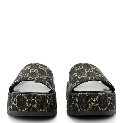 Gucci Jacquard Black Denim GG Monogram Angelina Platform 55mm Slide Sandals 36.5 Black Ivory 2 of 9