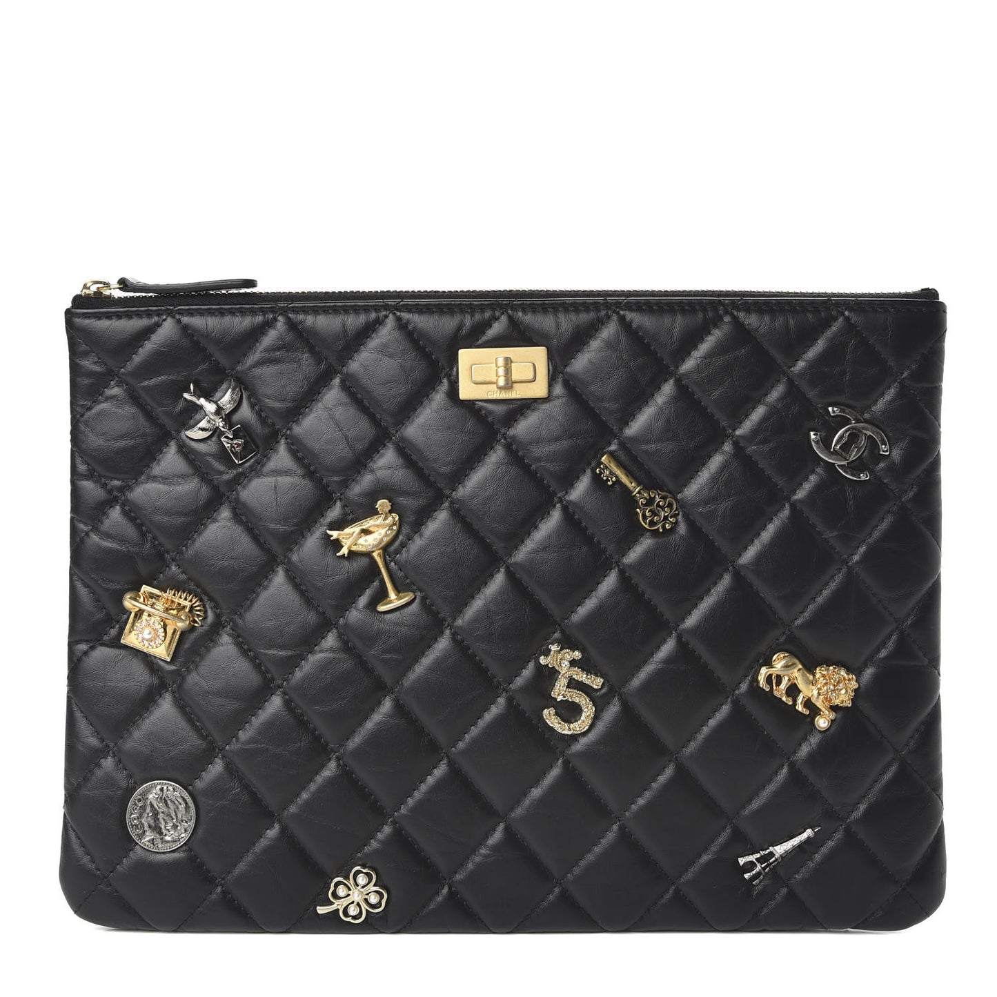 Aged Calfskin Quilted Medium Lucky Charms Cosmetic Case Black