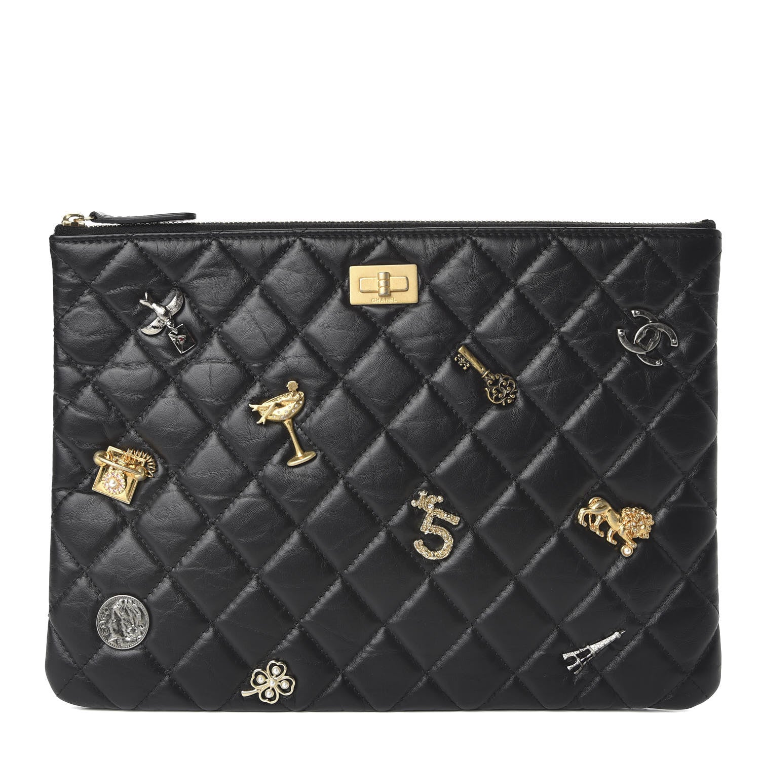 Chanel Aged Calfskin Quilted Medium Lucky Charms Cosmetic Case Black 1 of 8