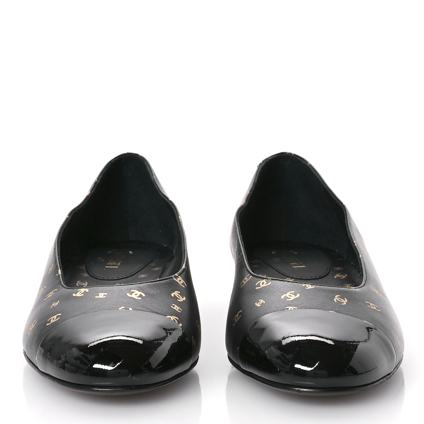Lambskin Patent Calfskin Printed CC Cap Toe Ballerina Flats 37.5 Black Gold