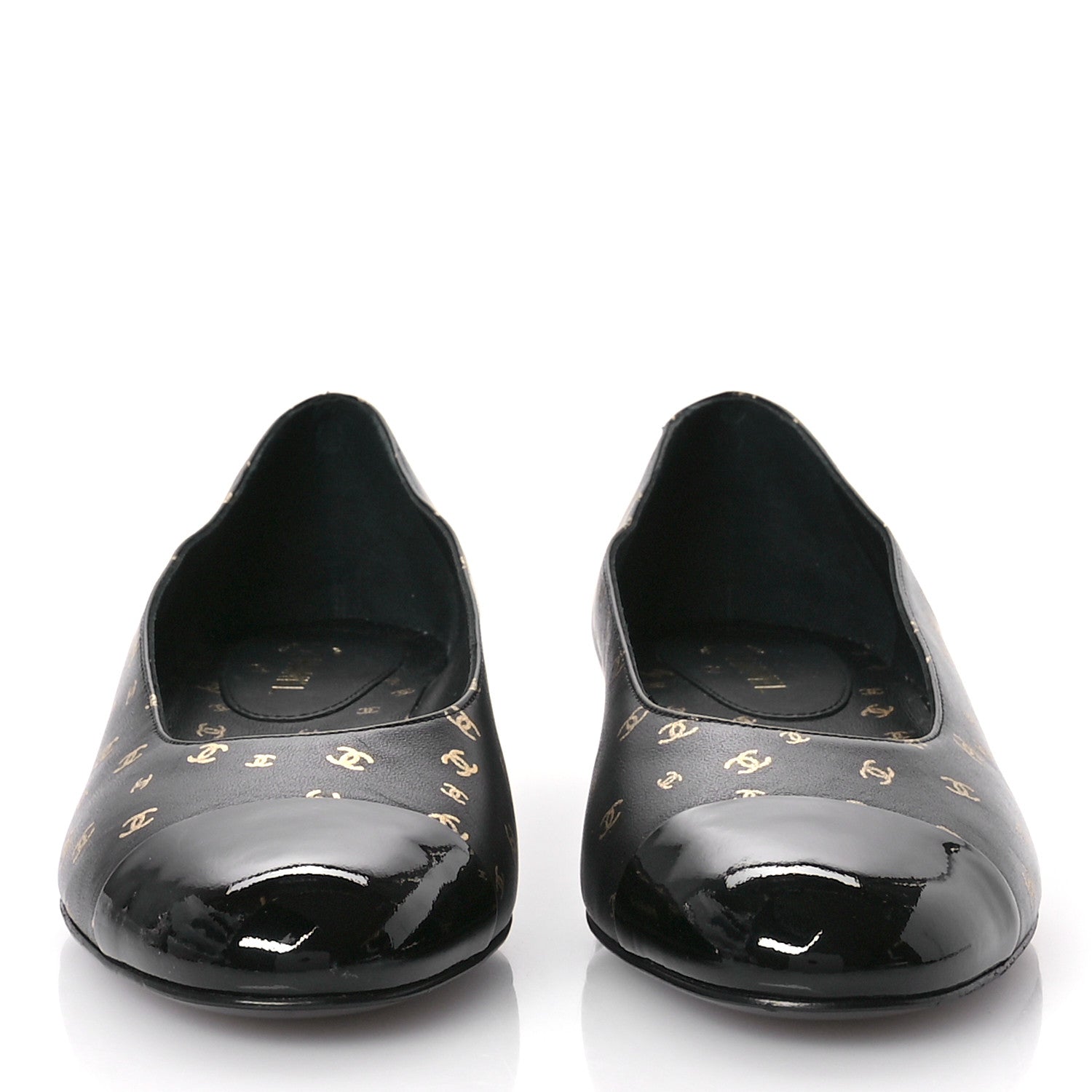 Chanel Lambskin Patent Calfskin Printed CC Cap Toe Ballerina Flats 37.5 Black Gold 3 of 9