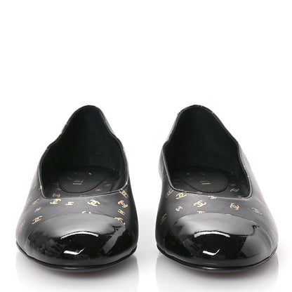 Chanel Lambskin Patent Calfskin Printed CC Cap Toe Ballerina Flats 37.5 Black Gold 3 of 9