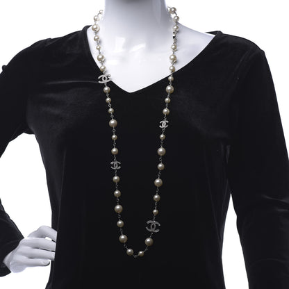 Chanel Graduated Pearl Crystal CC Long Necklace Silver 2 of 10