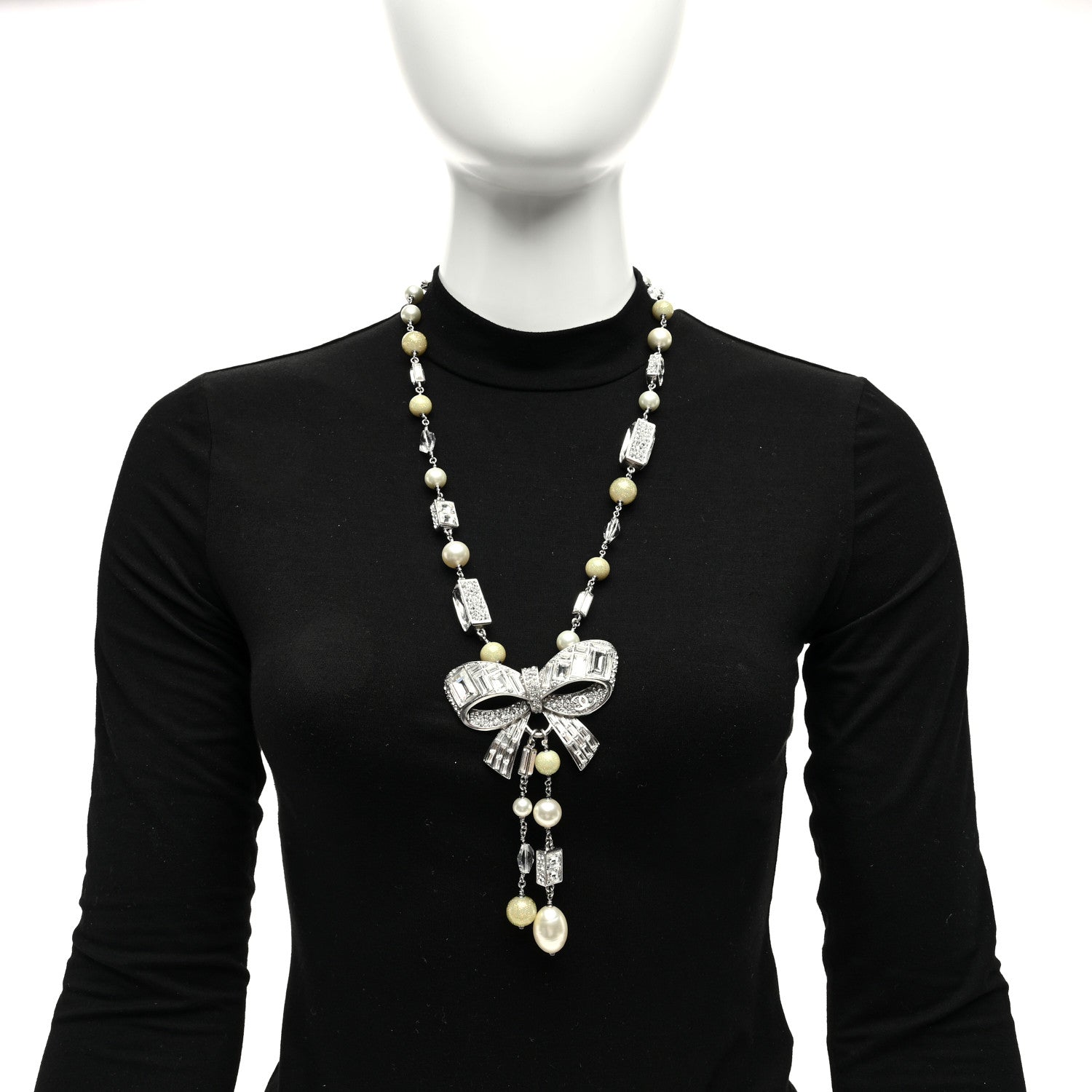 Chanel Crystal Baguette Pearl Bow Necklace Silver 2 of 4
