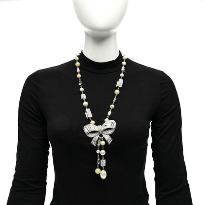 Chanel Crystal Baguette Pearl Bow Necklace Silver 2 of 4