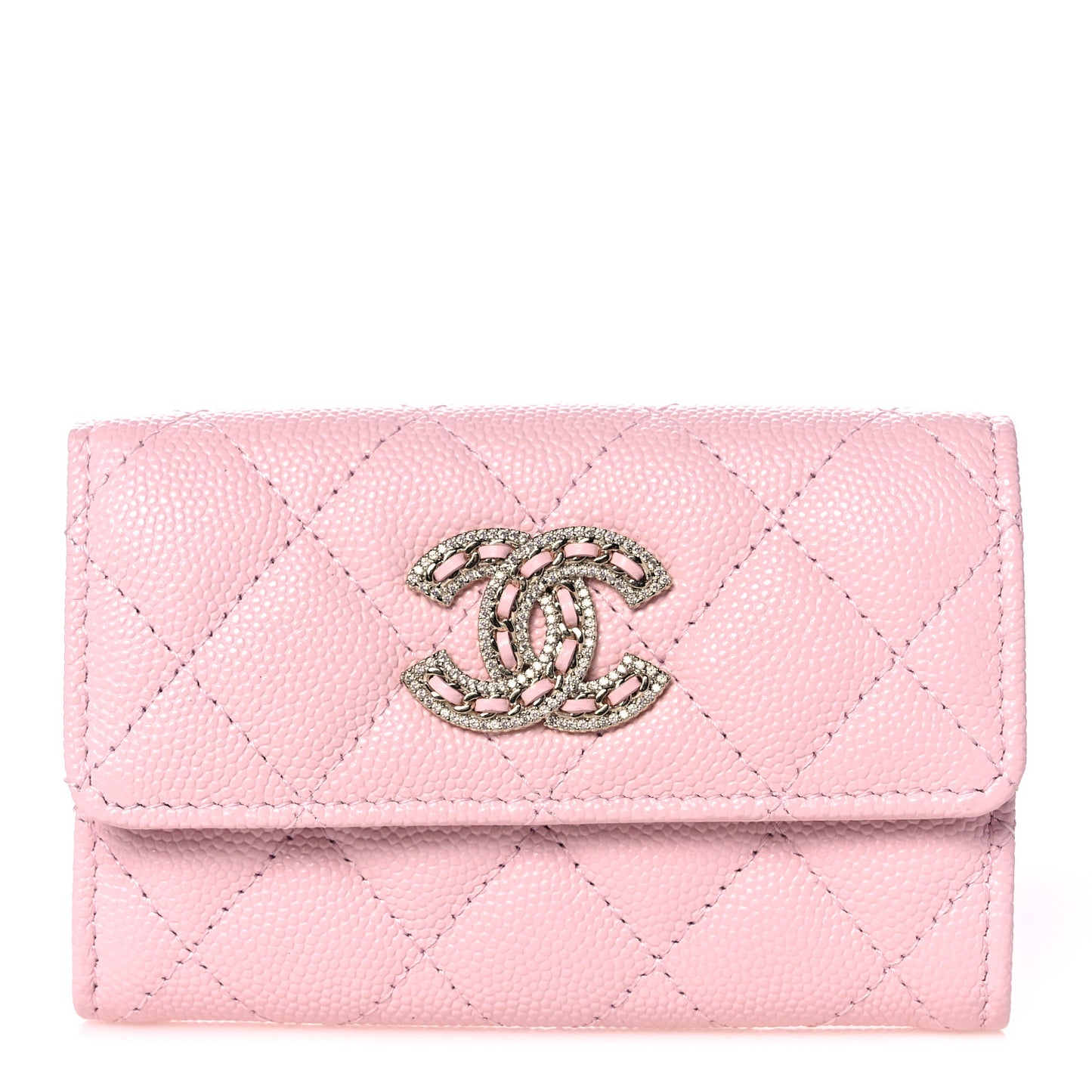 Caviar Quilted Crystal CC Flap Card Holder Pink