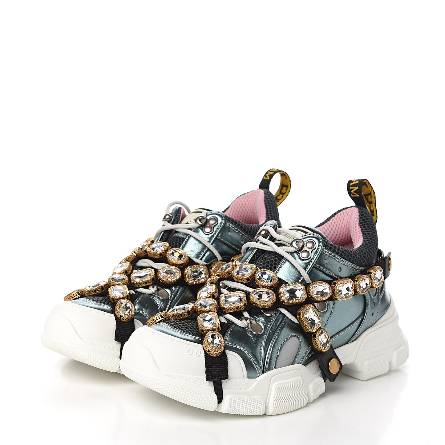 X SEGA Metallic Calfskin Removable Crystals Womens Flashtrek Sneakers 38 Lago Loess Silver