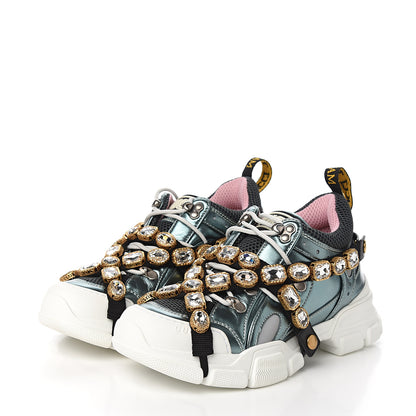 Gucci X SEGA Metallic Calfskin Removable Crystals Womens Flashtrek Sneakers 38 Lago Loess Silver 3 of 9