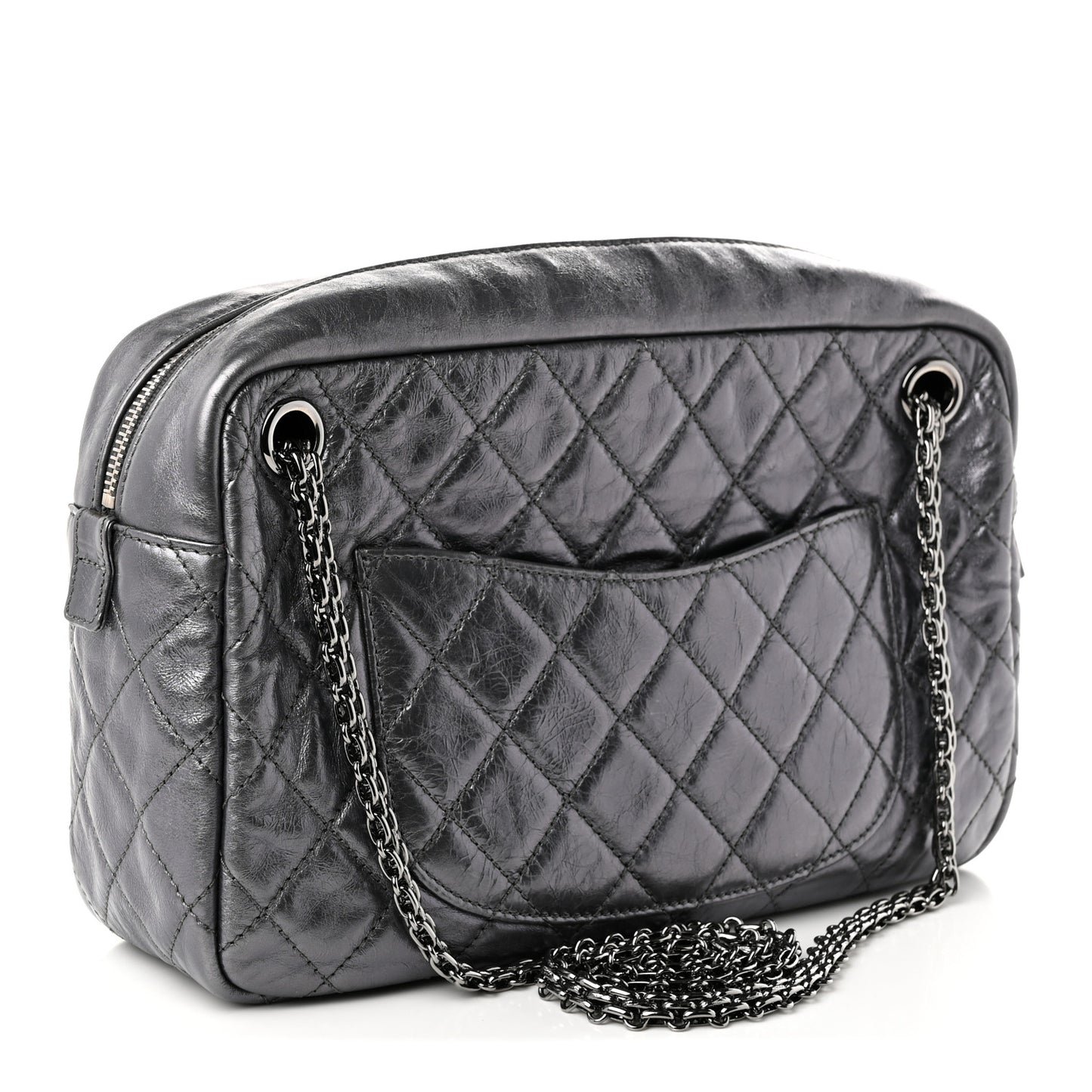 Metallic Aged Calfskin Quilted Medium Reissue Camera Case Dark Silver