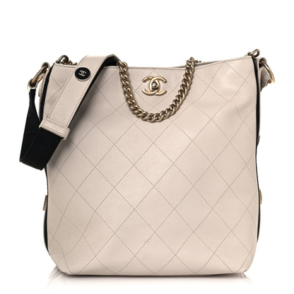 Chanel Calfskin Stitched Large Button Up Hobo Ivory Black 1 of 19