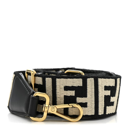 Fendi Jacquard Ribbon Vitello King FF Bi-Color Intreccio Adjustable Strap You Black White 1 of 4