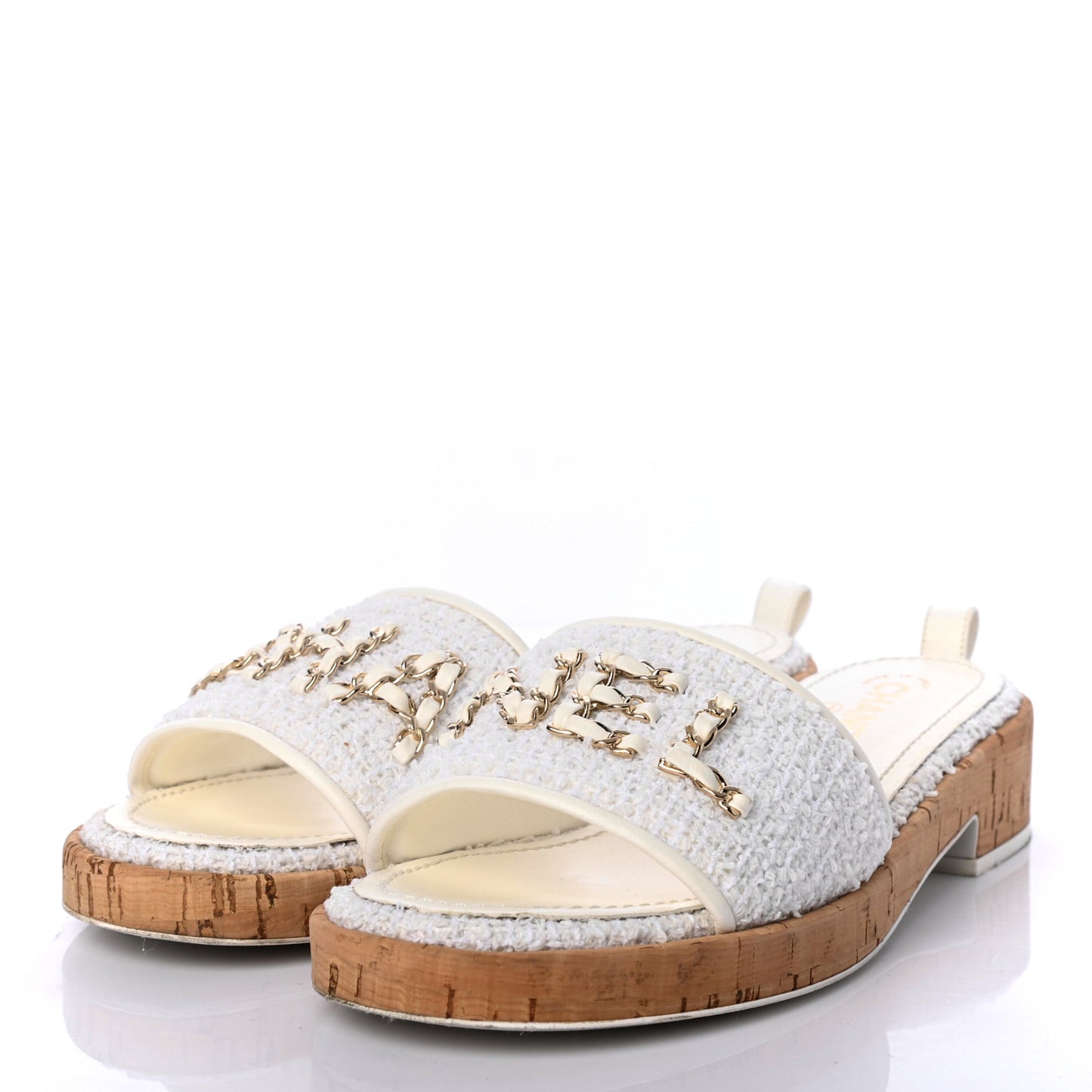 Tweed Cork CC Chain Mule Sandal 40.5 White
