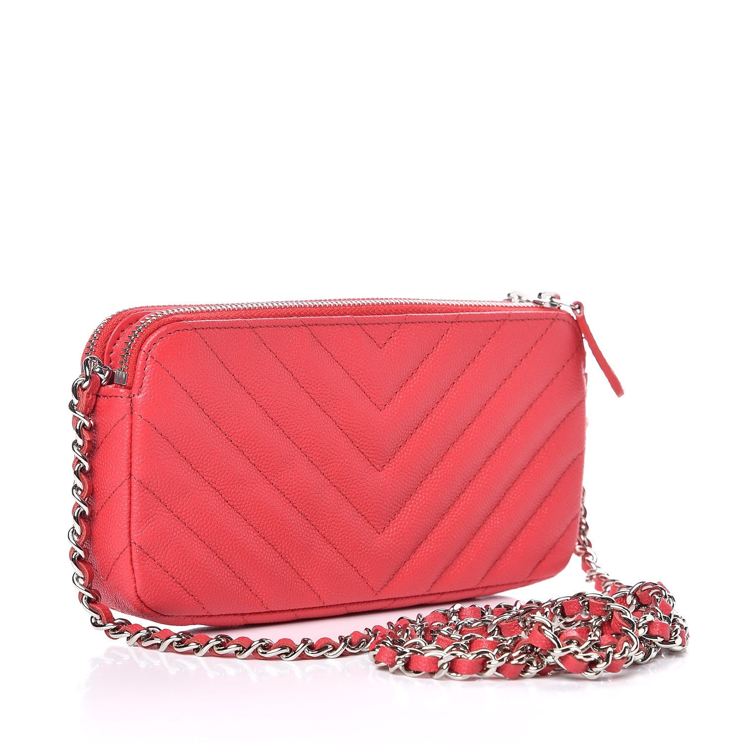 Chanel Caviar Chevron Quilted Small Clutch With Chain Light Red 3 of 12