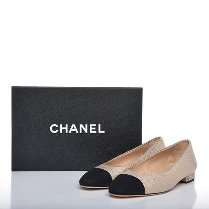 Chanel Metallic Goatskin Grosgrain Cap Toe Ballerina Flats 37 Gold Black 12 of 12