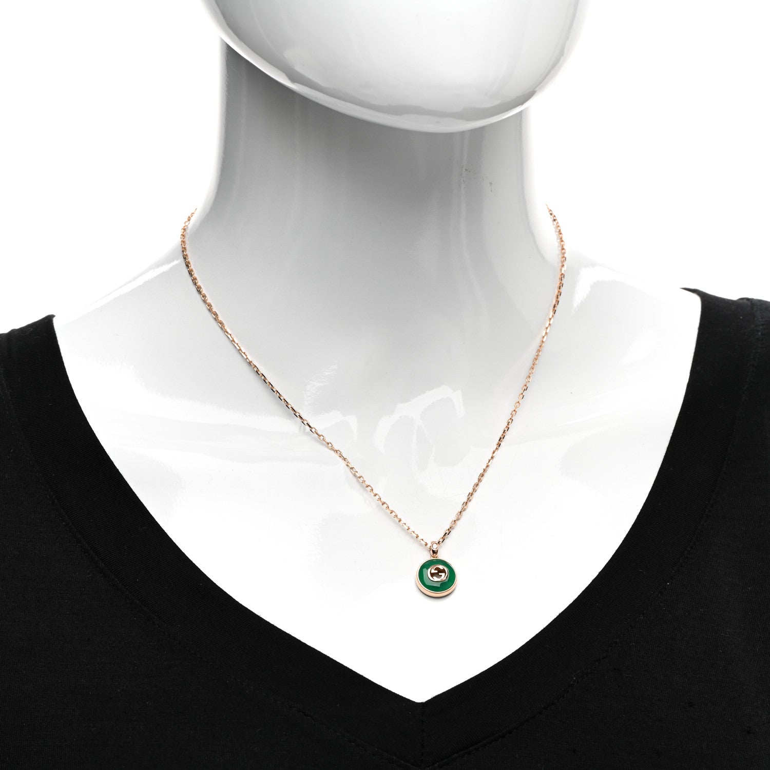 Gucci 18K Rose Gold Green Agate Interlocking G Pendant Necklace 2 of 5