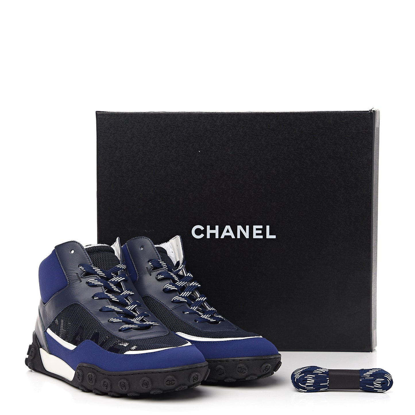 Calfskin Mesh Lycra Womens Logo High Top Sneakers 39.5 Blue