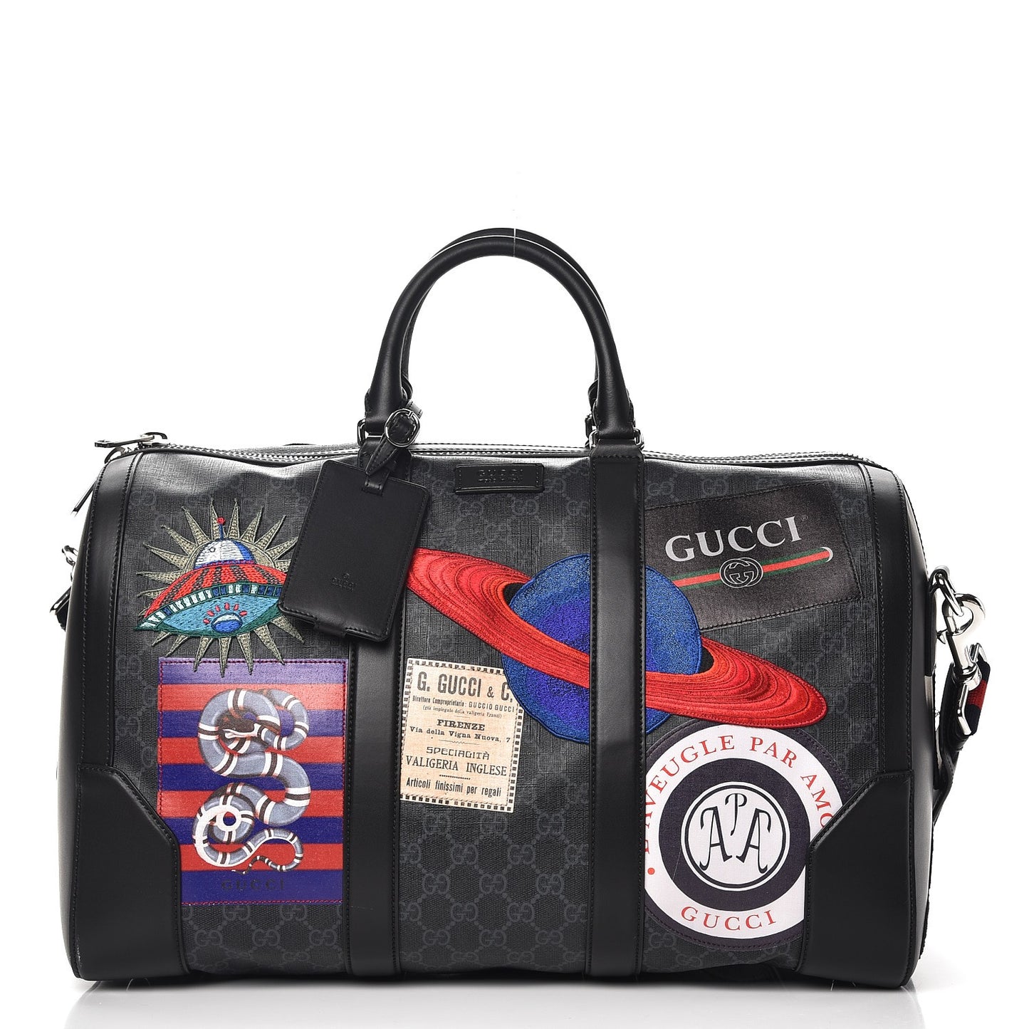 Soft GG Supreme Monogram Appia Calfskin Web Night Courrier Medium Carry On Duffle Black Grey