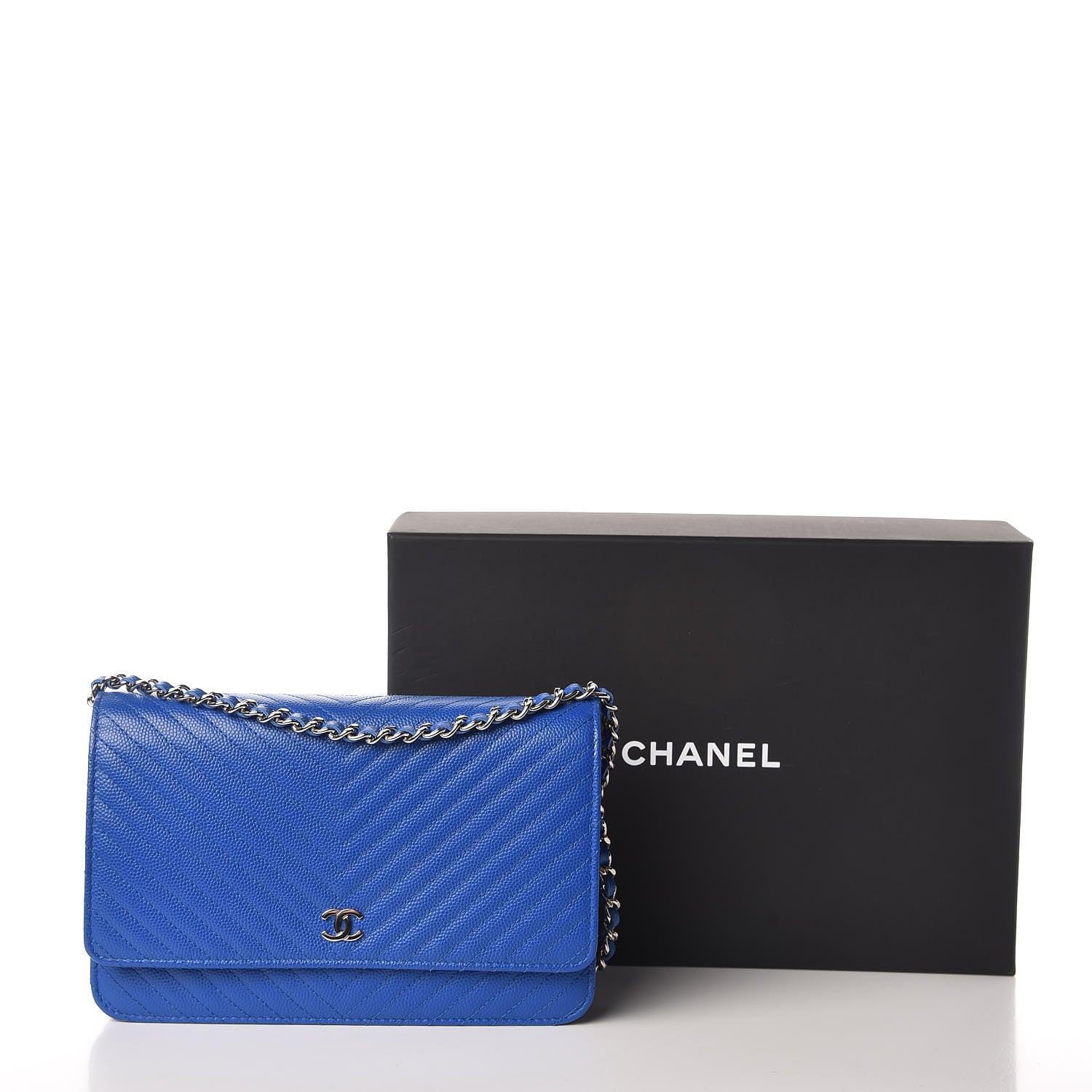 Chanel Caviar Chevron Quilted Wallet On Chain WOC Bright Blue 14 of 14