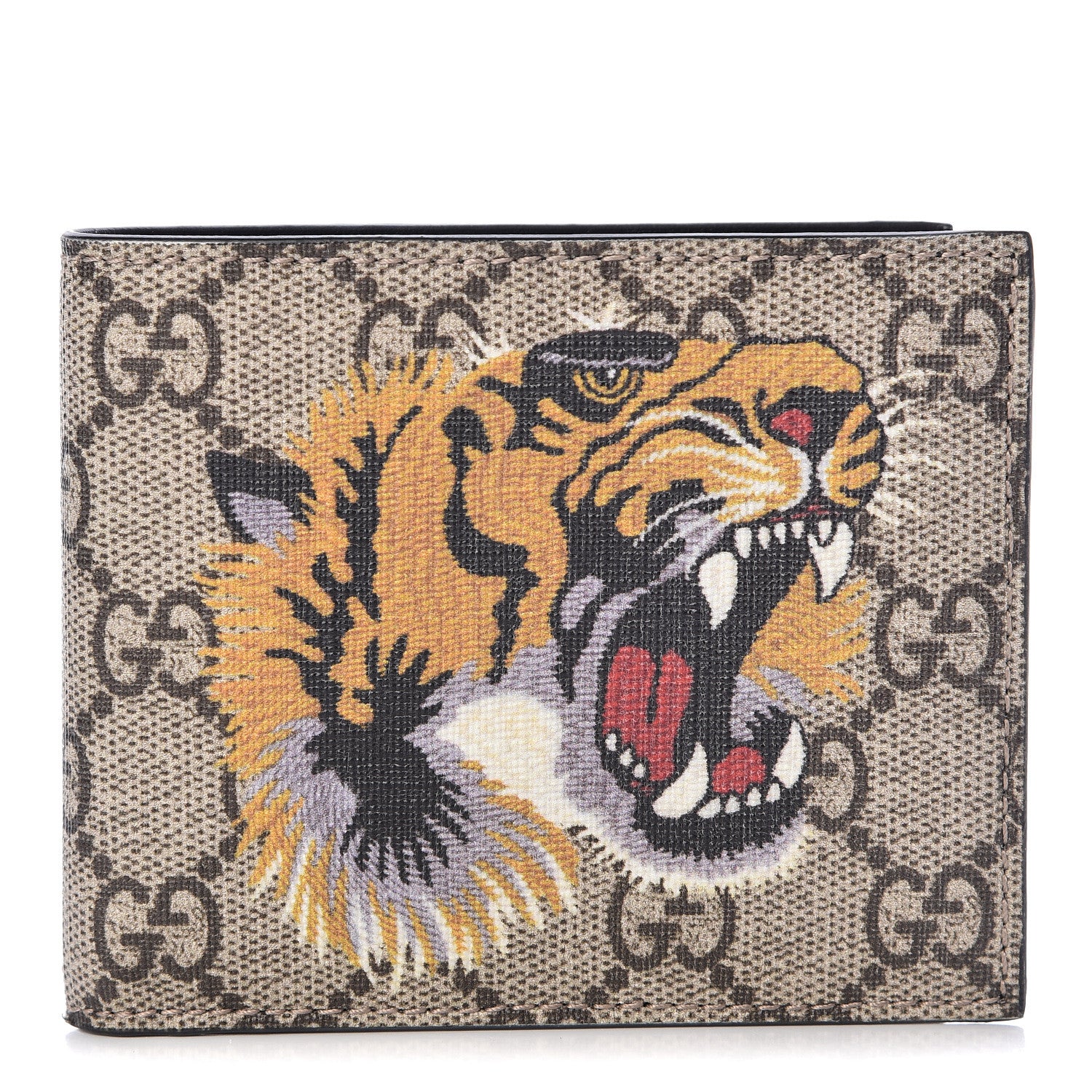 Gucci GG Supreme Monogram Selleria Calfskin Tiger Nice Bi-Fold Wallet Beige Ebony Multicolor Black 1 of 7