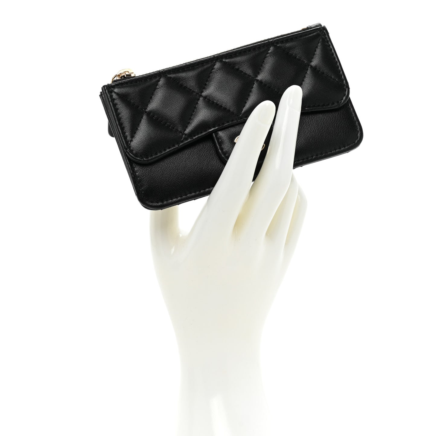 Lambskin Quilted Flap Zip Card Holder Black