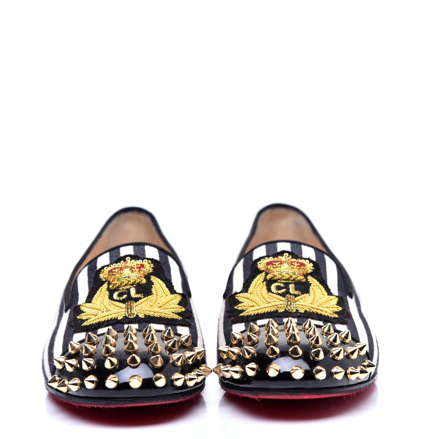 Christian Louboutin Toile Rayee Patent Spikes Womens Intern Flat Loafers 35.5 Black White 2 of 8