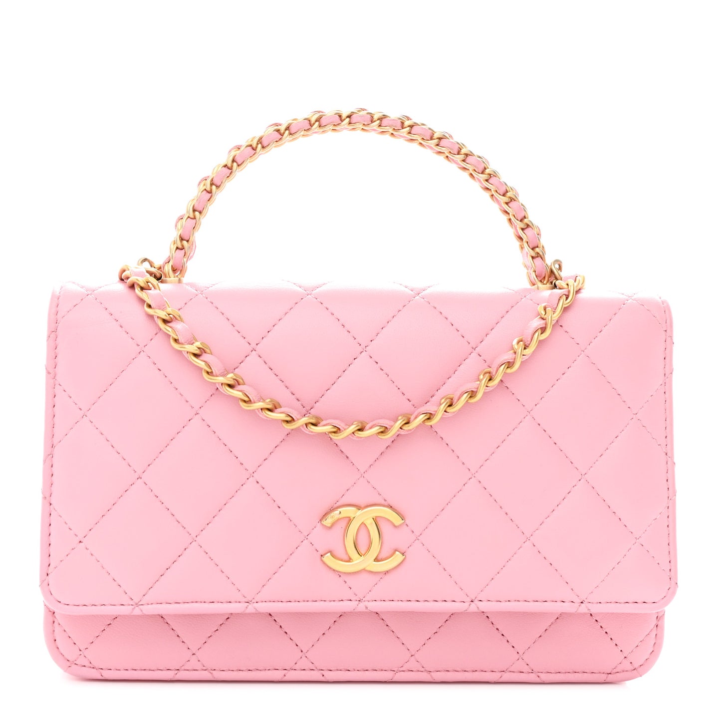 Lambskin Quilted Pick Me Up Wallet On Chain WOC Light Pink