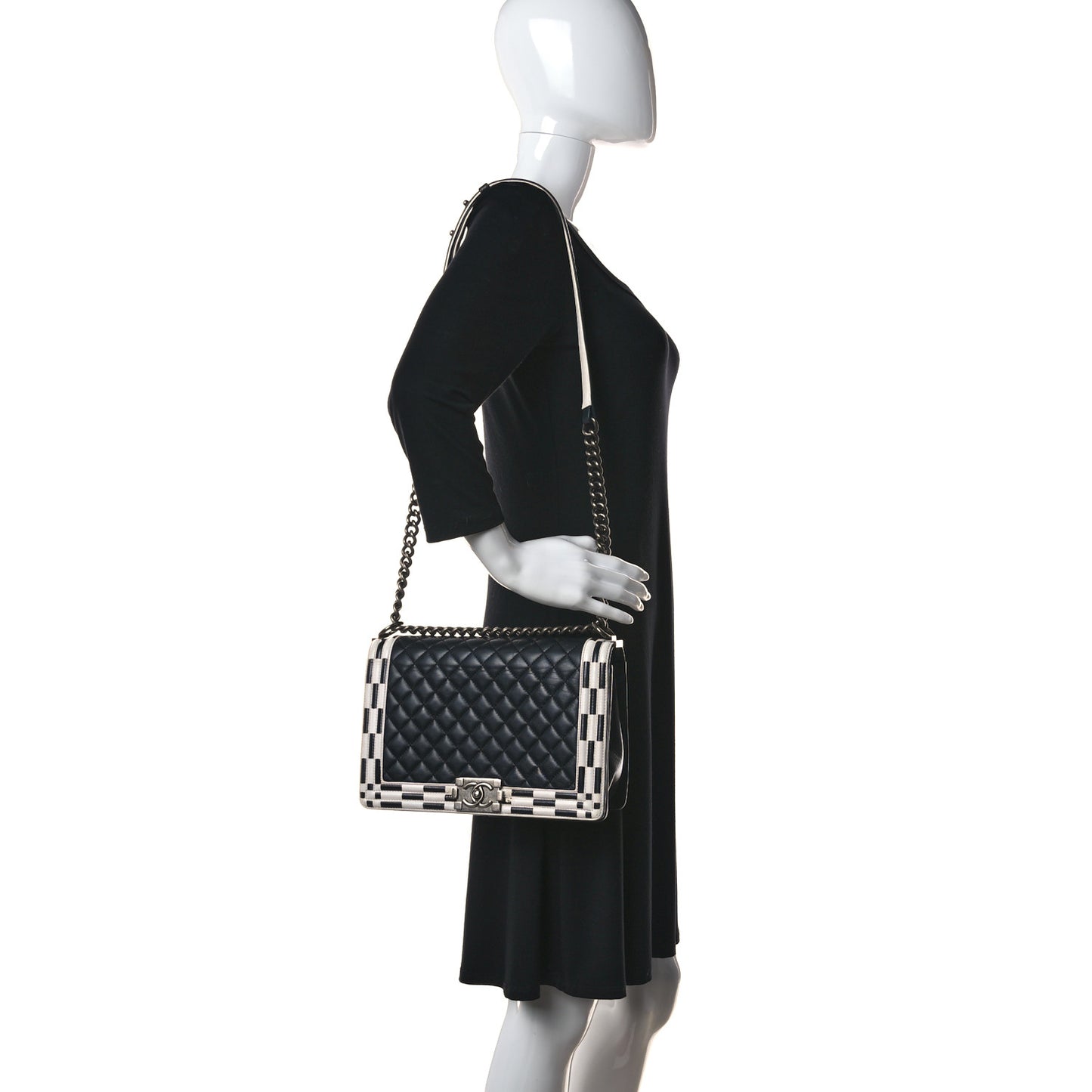 Calfskin Quilted Checkerboard Trim New Medium Boy Flap Black White