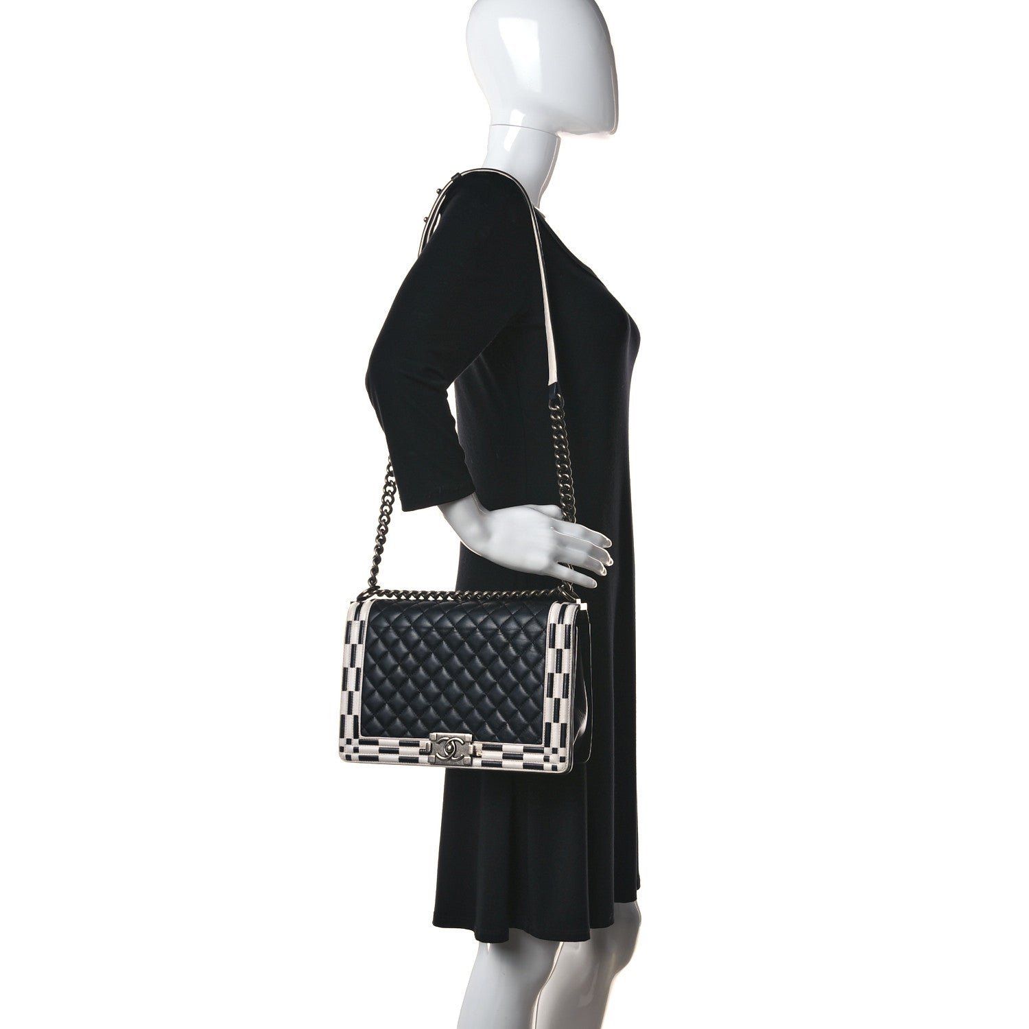 Chanel Calfskin Quilted Checkerboard Trim New Medium Boy Flap Black White 2 of 8