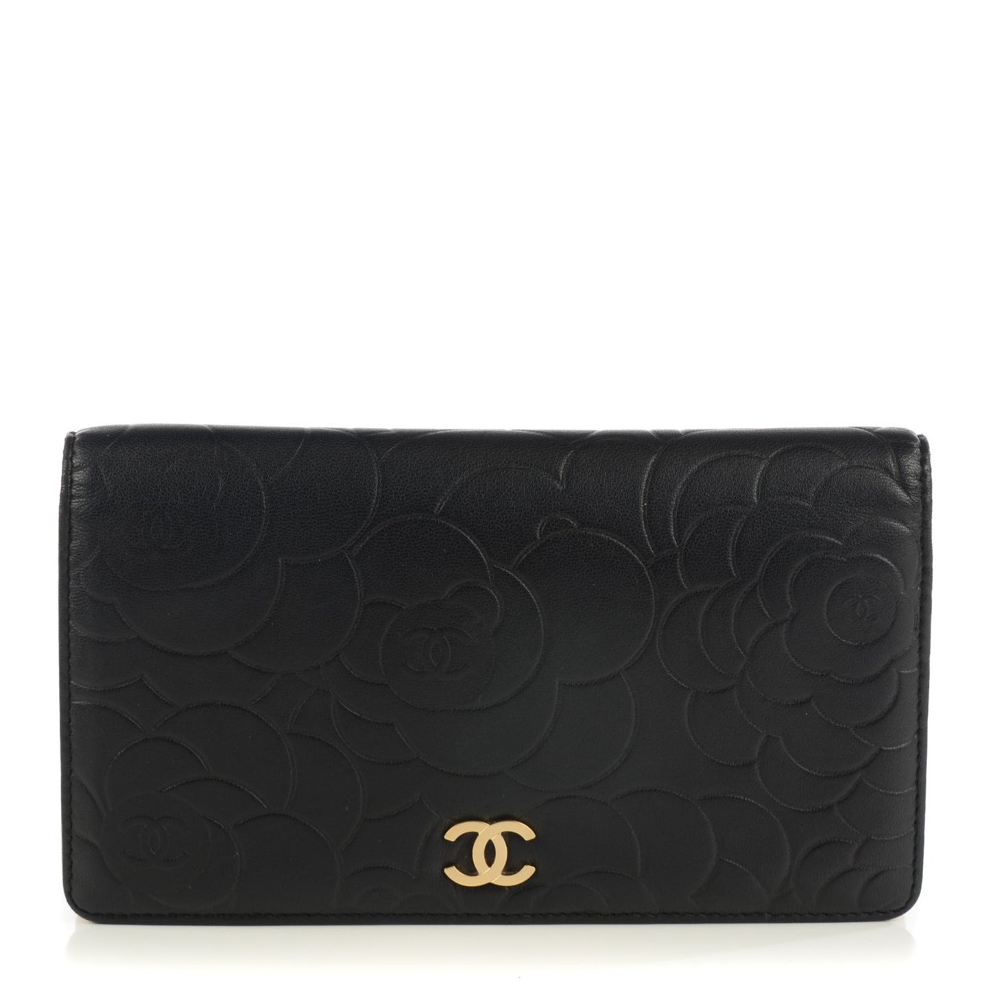 Lambskin Camellia Embossed Yen Wallet Black