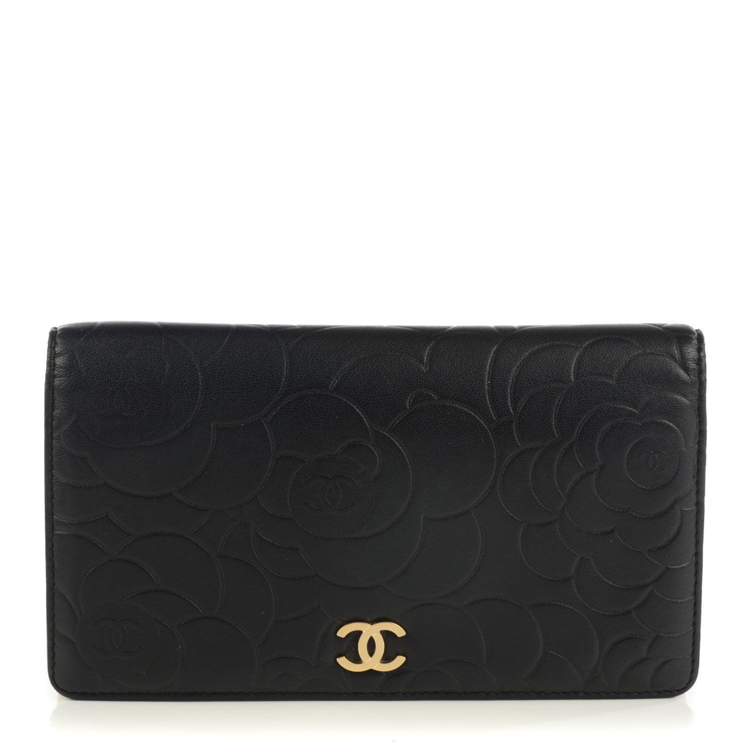 Chanel Lambskin Camellia Embossed Yen Wallet Black 1 of 9