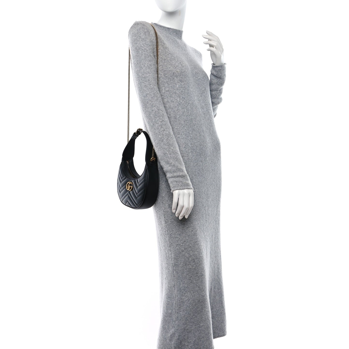 Calfskin Matelasse Chevron Mini GG Marmont Half Moon Hobo Black