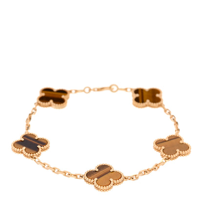 Van Cleef & Arpels 18K Yellow Gold Tiger Eye 5 Motifs Vintage Alhambra Bracelet 1 of 4