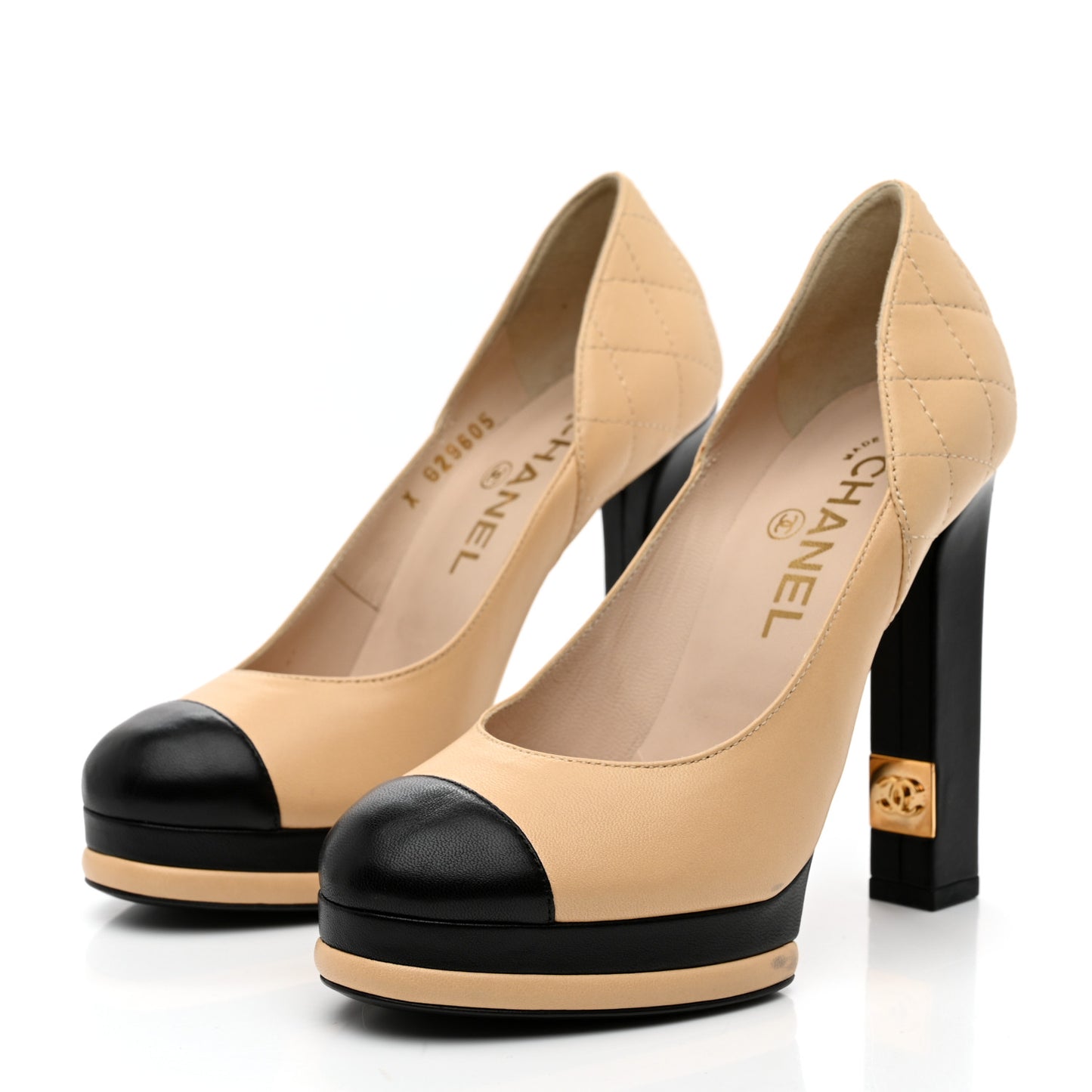 Lambskin CC Cap Toe Platform Pumps 36 Beige Black