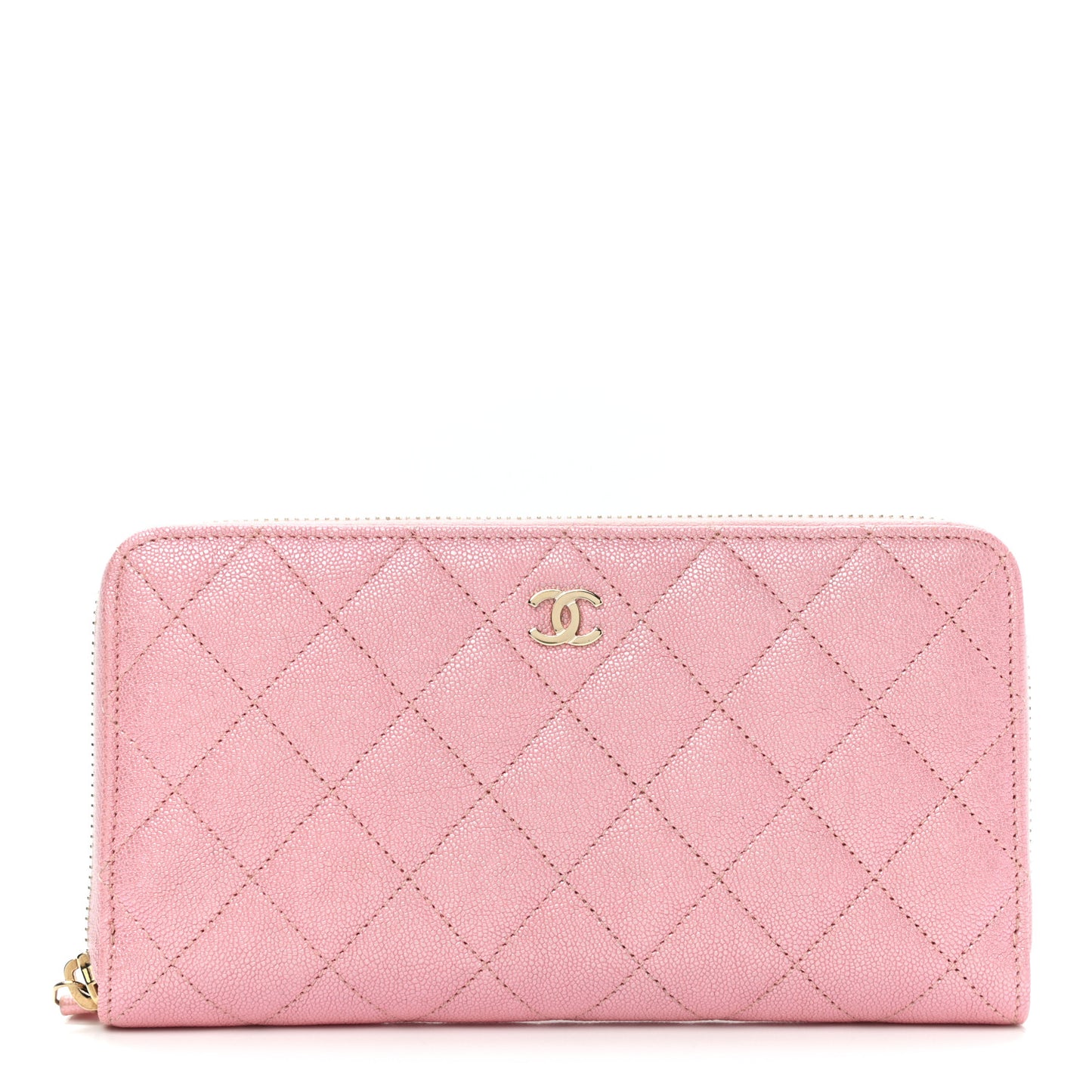 Iridescent Caviar Quilted Large Zip Around Wallet Pink