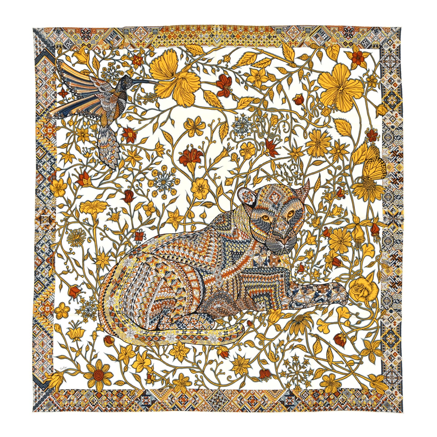 Cashmere Silk Le Jaguar Et Le Colibri Shawl 140 White Jaune D'or