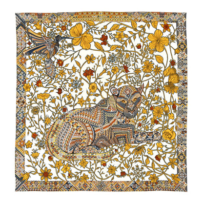 Hermes Cashmere Silk Le Jaguar Et Le Colibri Shawl 140 White Jaune D'or 1 of 4