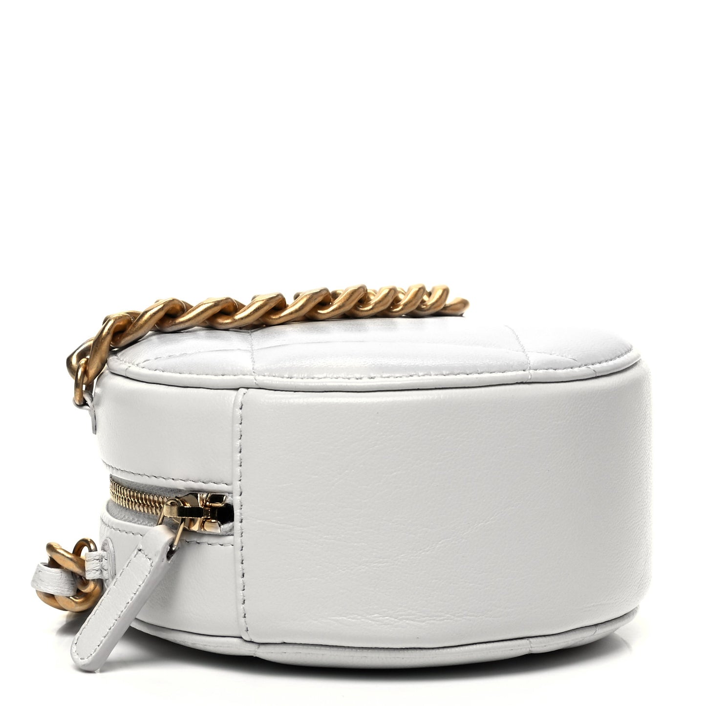 Goatskin Quilted Chanel 19 Round Clutch With Chain White