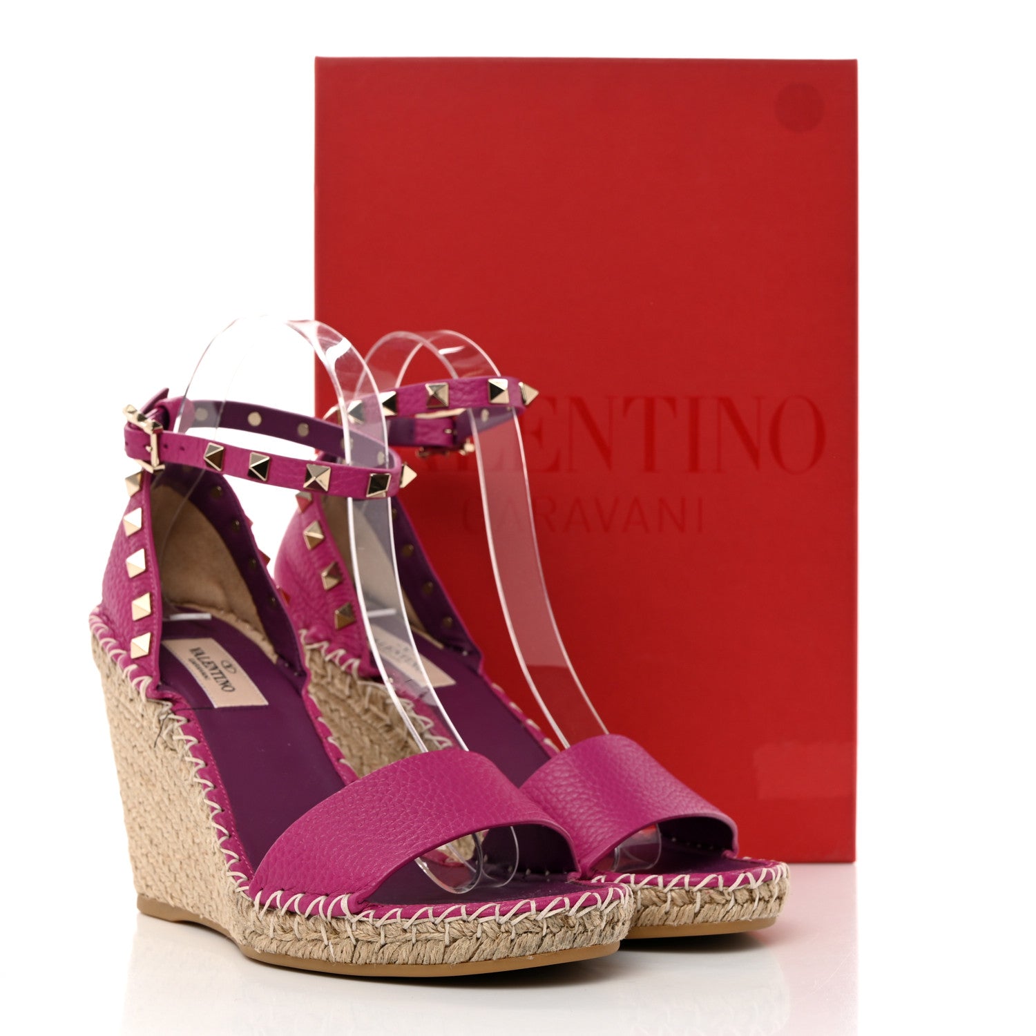 Valentino Garavani Grained Calfskin Rockstud Ankle Strap Espadrille 15/105mm Wedge Sandals 38 Rose Violet Prune 9 of 9