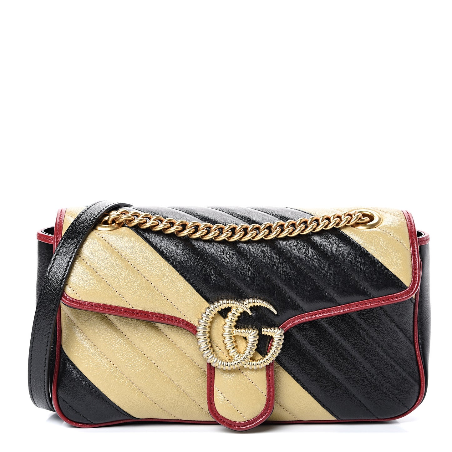 Vintage Effect Calfskin Matelasse Diagonal Striped Small Torchon GG Marmont Shoulder Bag Black Beige