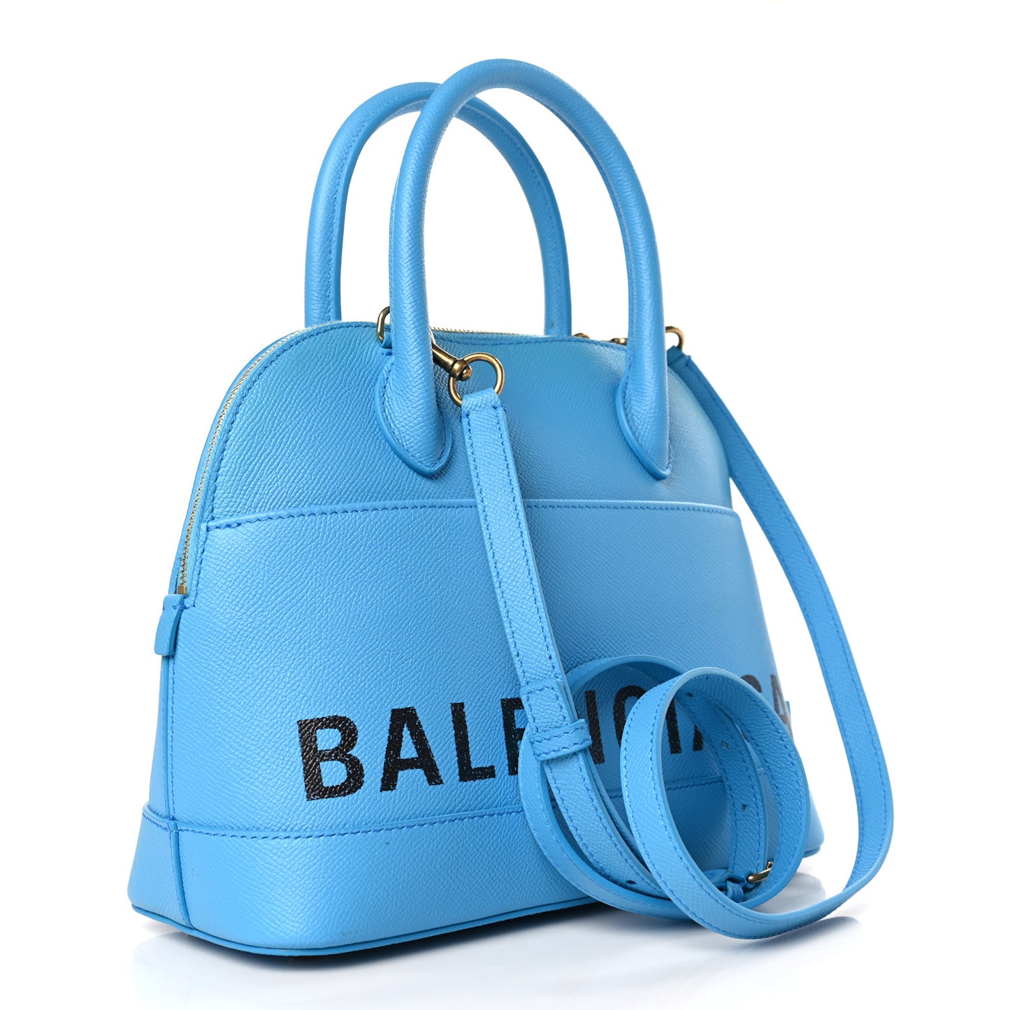 Signature Grained Calfskin Logo S Ville Top Handle Bag Bleu Turquoise