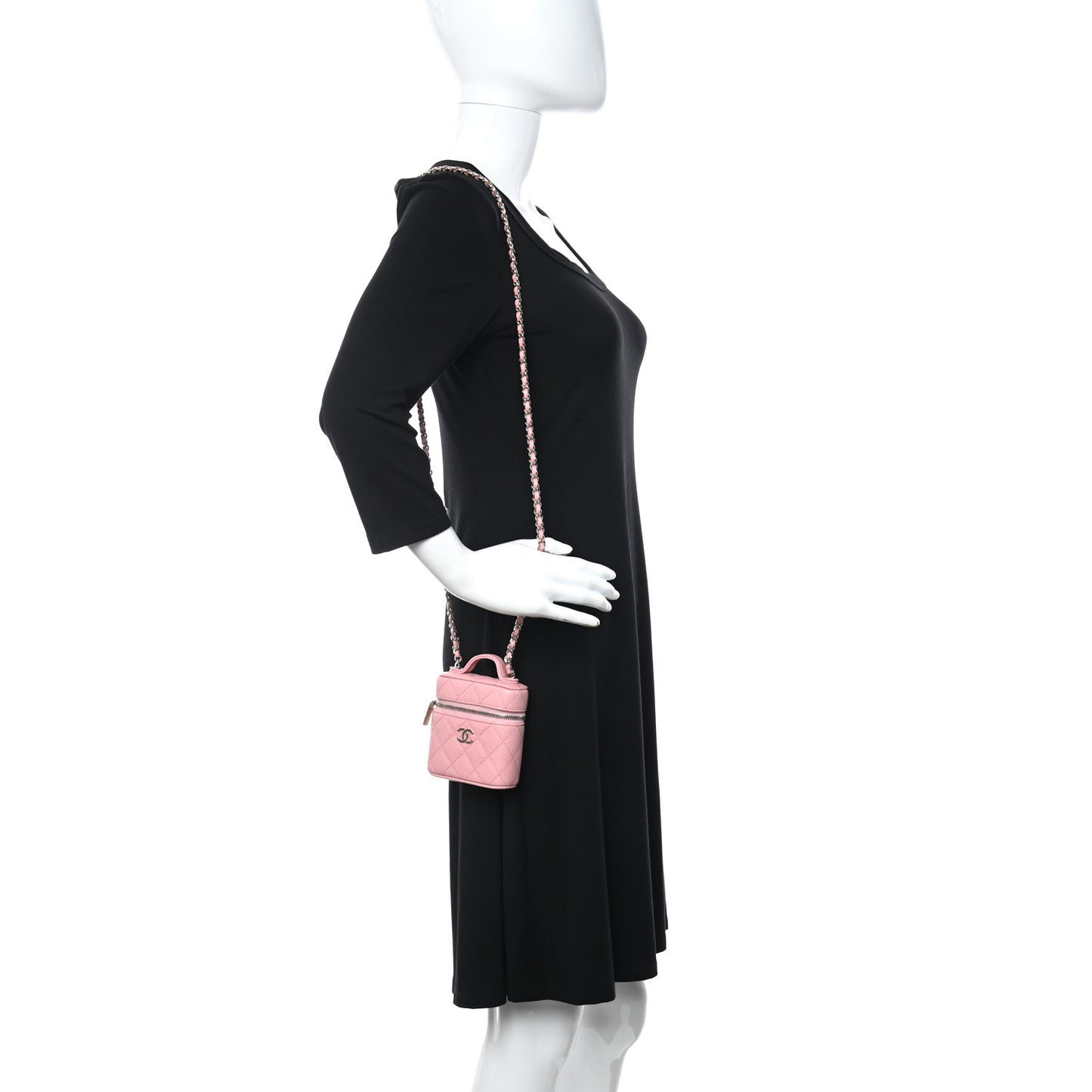 Caviar Quilted Small Handle With Care Vanity Case With Chain Pink