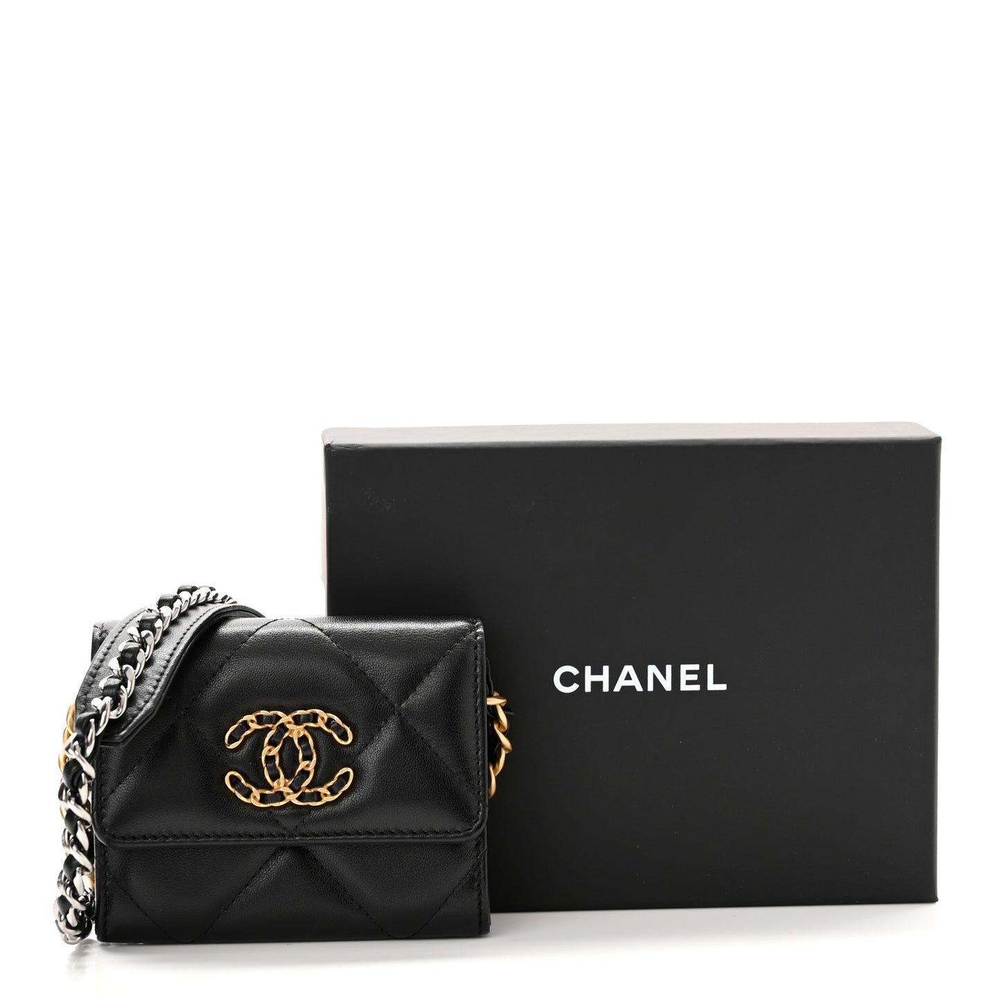 Lambskin Quilted Chanel 19 Flap Coin Purse With Chain Black