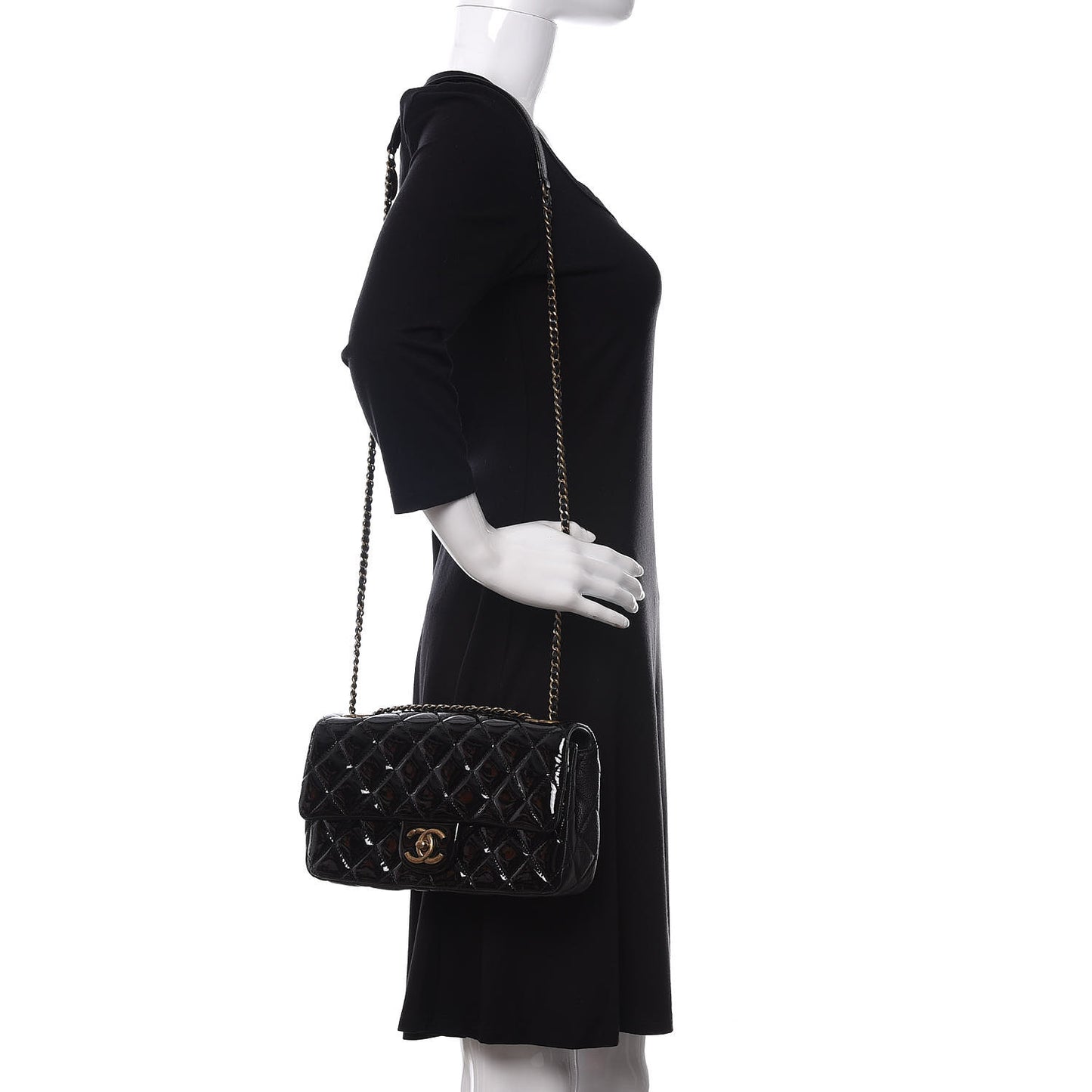 Patent Goatskin Quilted Medium CC Eyelet Flap Black