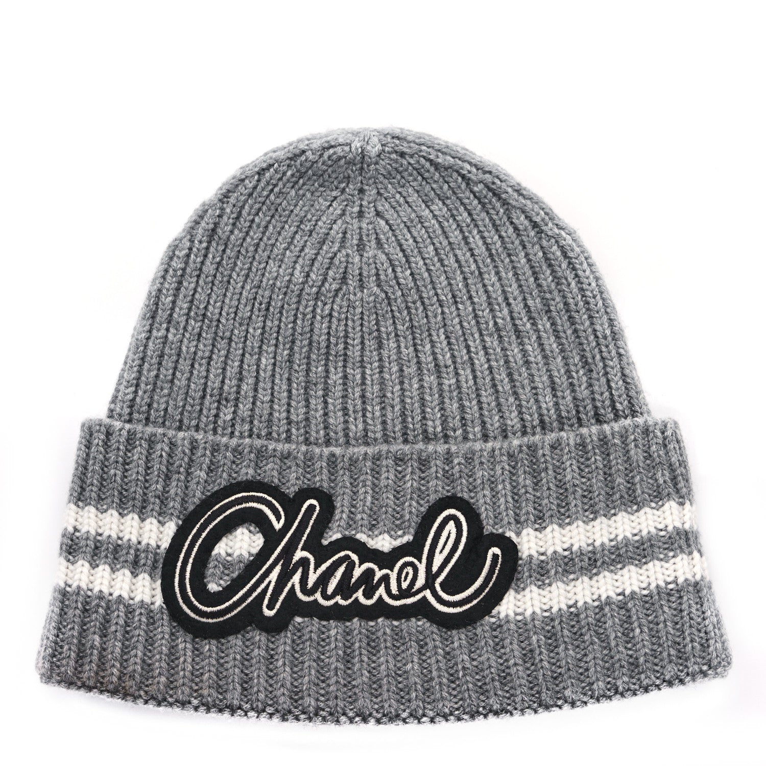Chanel Cashmere Logo Beanie Hat Gray White 1 of 3