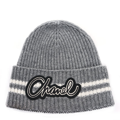 Chanel Cashmere Logo Beanie Hat Gray White 1 of 3