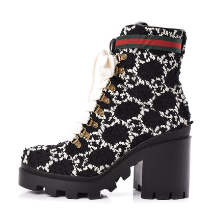 Gucci Tweed GG Monogram Lace Up Combat Ankle Boots 39.5 Black 1 of 9
