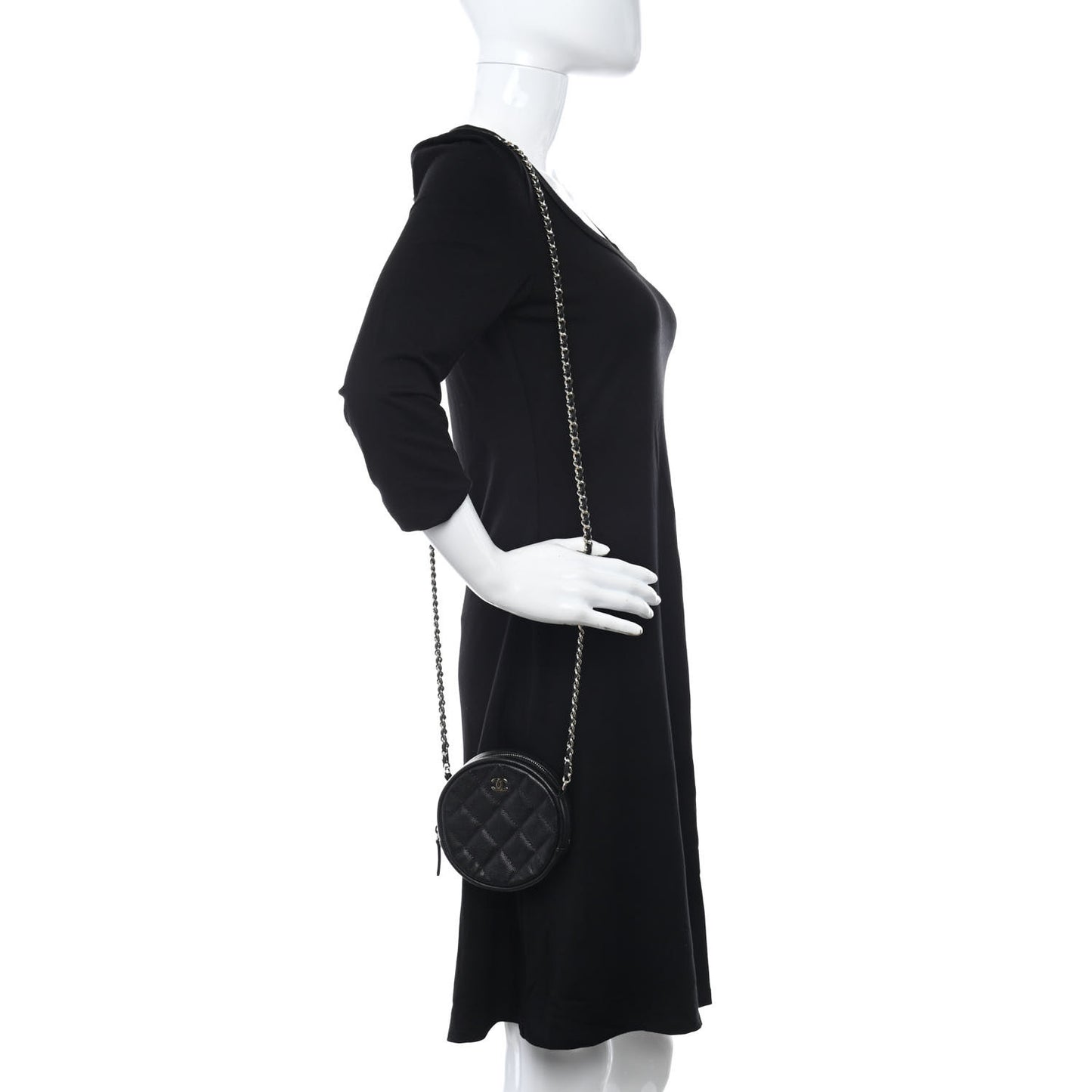 Caviar Quilted Round Clutch With Chain Black