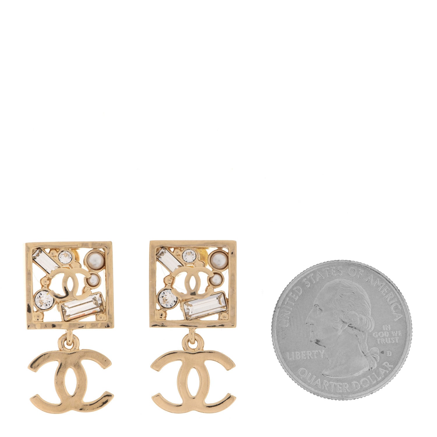 Chanel Crystal Pearl CC Square Drop Earrings Gold 2 of 5
