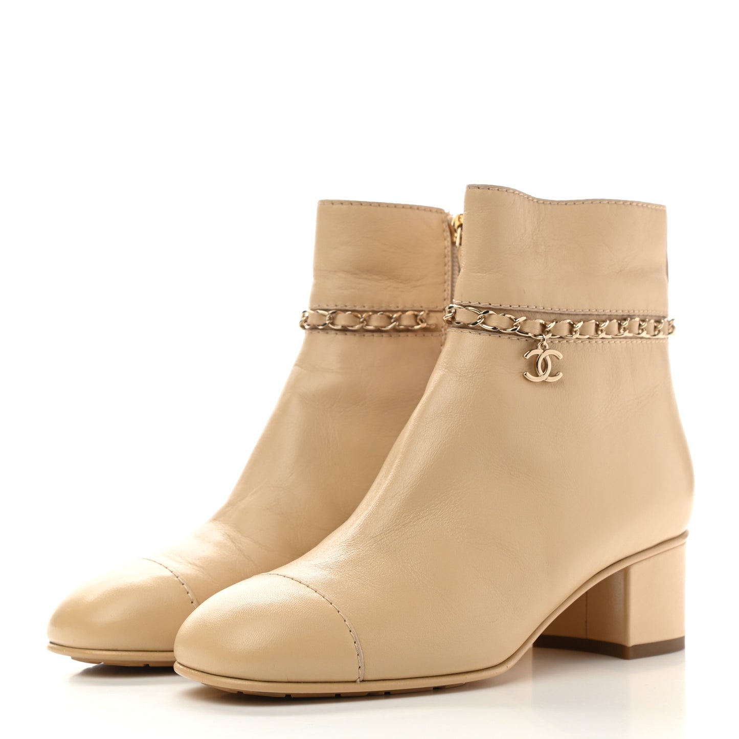 Calfskin Cap Toe Chain Short Boots 37.5 Beige